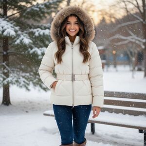 Big Chill White/Ivory Puffer Jacket with Faux Fur Hood and Belt